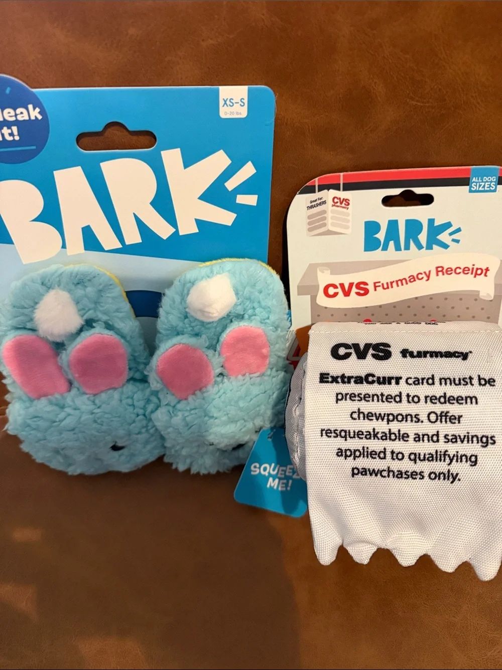 Bark CVS receipt and Plush Blue Bunny slippers Dog Toys